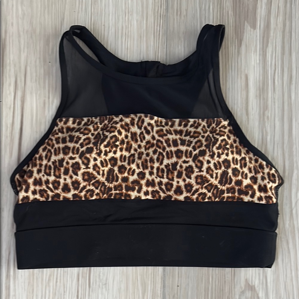 Zyia Brown and Black Sports Bra with Leopard Print and Zippered Racerback